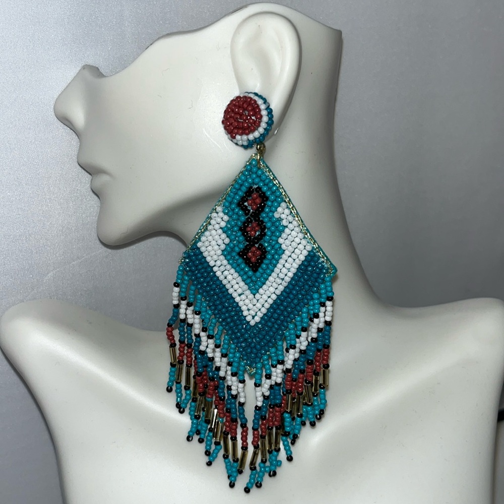 NWT TURQUOISE BOHEMIAN FRINGE EARRINGS - Picture 1 of 3